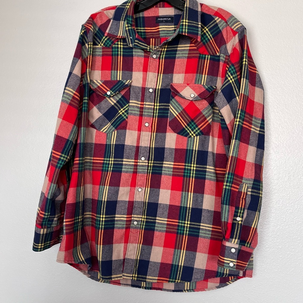 Pashartuk Mens Plaid Flannel Snap Button Up Shirt L  Red Blue Yellow Long Sleeve